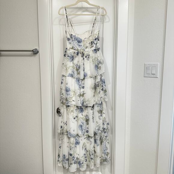 NEW Dessy Collection Bustier Ruffle Evening Gown in Bleu Garden Print Size 2 - Picture 3 of 9